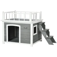 PawHut Hundehütte, Dachterrasse, Treppe, Fenster, Bodenabstand, Naturholz, hellgrau, 121 x 77 x 78cm(m-1)