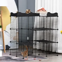 PawHut Cage parc enclos pour petits animaux chats lapins modulable 3 niveaux 2 portes rampe fil métallique 105 x 70 x 116 cm noir(m-2)