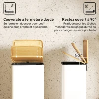 HOMCOM Poubelle de Cuisine 20L, Poubelle avec Pédale, Couvercle en Bambou à Fermeture Douce, Seau Intérieur Amovible, Blanc(m-5)