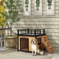 PawHut Hundehütte mit Dachterrasse, wetterfest, Holz, 121x77x78cm, Schwarz/Gelb(m-10)