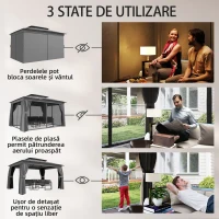 Outsunny Foișor de Grădină cu Acoperiș pe 2 Nivele, Plase de Țânțari și Perdele, din Metal și Poliester, 380x300x270 cm, Gri Închis(m-5)