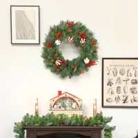 HOMCOM Ghirlandă de Crăciun de 60 cm cu 146 ramuri cu zăpadă artificială, conuri, fructe de pădure și globuri, verde(m-8)