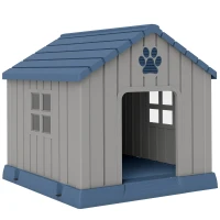 PawHut Casota para Cães Médios de Exterior em Plástico Impermeável com 2 Janelas, Base Elevada e Estacas, 85x79x82 cm, Cinzento(m-1)