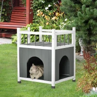 PawHut Katzenhaus mit Balkon Katzenhütte Lodge Outdoor Winterfest Massivholz Grau+Weiß 60 x 46 x 65 cm(m-9)