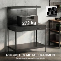 HOMCOM 110 cm Werkbank mit Lochwand, robuste Werkbank mit Steckdosenleiste und LED-Beleuchtung, Schwarz(m-8)