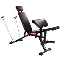 SPORTNOW Hantelbank verstellbar bis 300 kg 3 in 1 Trainingsbank mit Rollen Beinstrecker Curlpult Kopfstütze Widerstandsbändern(m-1)