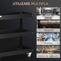 DURHAND Cărucior Port-Scule cu 3 Niveluri din Oțel cu Margini Înalte și 4 Roți Pivotante, 83x35,3x76 cm, Negru(m-6)