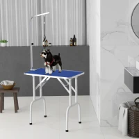 PawHut Mesa de Tosquia para Cães Dobrável com Braço Ajustável entre  60-104 cm e Bancada de Borracha Antiderrapante 81x48,5x80 cm Azul(m-2)