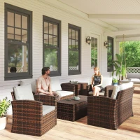 Outsunny Conjunto de Jardim Exterior de Vime 6 Peças Almofadas Sofá Duplo Sofá de 3 Lugares 2 Poltronas 2 Mesas Auxiliares Bege(m-9)