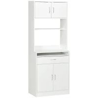 HOMCOM Armário de Cozinha com 4 Portas Bandeja Amovível Prateleira Ajustável Gaveta e Bancada para Micro-Ondas 70x40x180 cm Branco(m-11)