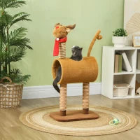 PawHut Kratzbaum 98 cm Katzenturm im Hirschdesign, mit Höhle, Spielball, Jutestämme Braun(m-10)