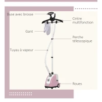 HOMCOM Défroisseur vapeur vertical défroisseur à vêtements 1,4 L 1950 W débit vapeur 32g/min tige telescopique rose noir(m-5)