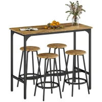 HOMCOM Conjunto de Móveis Altos de Bar com 5 Peças Mesa de Refeição Industrial e 4 Bancos Redondos Marrom Rústico e Preto(m-1)