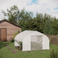 Outsunny Serre de jardin tunnel 10,4 m² serre de jardin anti-UV porte zippée enroulable fenêtres maille 350 x 300 x 200 cm blanc(m-10)