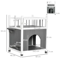 PawHut Katzenhaus mit Balkon Katzenhütte Lodge Outdoor Winterfest Massivholz Grau+Weiß 60 x 46 x 65 cm(m-3)