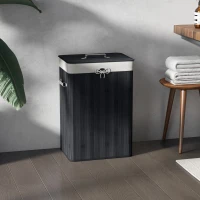 HOMCOM Cesto de Roupa de Bambu Dobrável Cesto para Roupa Suja com Tampa e Bolsa Amovível 40x30x60 cm Preto(m-10)