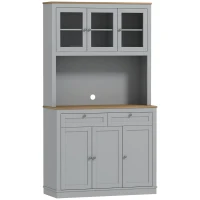 HOMCOM Armário de Cozinha com 3 Portas de Vidro Compartimento Aberto 2 Gavetas e Prateleiras Ajustáveis 100x40x180 cm Cinzento(m-1)