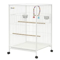 PawHut Gaiola para Pássaros com Rodas Poleiros Baloiço Bandeja Removível e Tigelas de Aço Inoxidável 48x46x78 cm Branco(m-12)