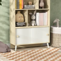 AIYAPLAY Bibliotecă pentru Copii din Lemn cu Rafturi Deschise și Dulap Inferior, 80x30x140,5 cm, Alb și Lemn Natur(m-8)