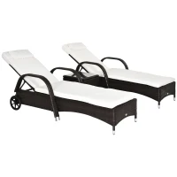 Outsunny 3er-Sonnenliegen-Set, 2x Gartenliege mit Beistelltisch, inkl. Liegeauflagen, Polyrattan, Braun+Cremeweiß(m-1)