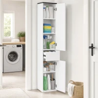 kleankin Mobile Bagno con Ripiano Regolabile, 2 Ripiani Chiusi e un Cassetto in Legno, 30x28x180 cm, Bianco(m-7)