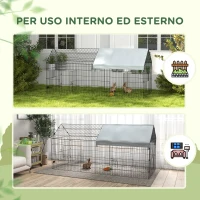PawHut Gabbia per Conigli da Esterno e Interno a Casetta con Tettuccio, 220x85x103cm, Argento(m-5)