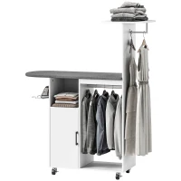HOMCOM Móvel de Engomar Roupa com Rodas e Suporte Lateral Móvel com Tábua de Passar Barra para Roupa Prateleira 127,5x43,5x153 cm Branco(m-11)