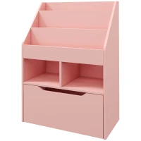 HOMCOM Estante de Madeira para Brinquedos com 3 Compartimentos 2 Prateleiras e Gaveta Móvel com 4 Rodas 60x29,9x90 cm Rosa(m-11)