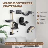 PawHut Kletterwand Katzen 4-teilig Katzen Kletterwand Set mit Hängematte, Katzenbrücke bis zu 5 kg, Dunkelgrau(m-4)