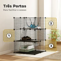 PawHut Gaiola Interior para Gatos de 3 Níveis em Aço com 3 Portas, 2 Escadas e Rede, 70x70x105 cm, Preto(m-6)
