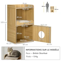 PawHut Maison de toilette pour chat meuble litière chat 3 niveaux compartiment fermé par une porte 1 coussin 60 x 45 x 103 cm(m-3)