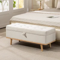 HOMCOM Bancă de Depozitare de 80L Tapițată cu Material Textil și Picioare din Lemn, 118x42x45 cm, Crem(m-10)