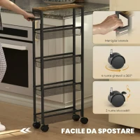 HOMCOM Carrello Cucina con 4 Ruote, Carrello Portaoggetti con Ruote, Piano con Effetto Legno, Struttura in Metallo, 47x13x96.5 cm, Nero(m-7)