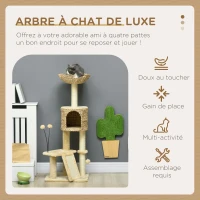 PawHut Arbre à chat hauteur 116 cm niche panier plateformes pompons en peluche et jacinthe d'eau - beige(m-4)