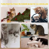 PawHut Căsuță pentru Pisici cu Stâlp de Zgâriat, Tip Turn, 2 Culcușuri, Sisal și Iarbă de Mare, Margini din Pluș, Kaki(m-7)