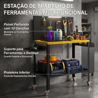 HOMCOM Bancada de Trabalho com Painel Perfurado, Tomadas, Luz LED e Rodas, Preto e Amarelo(m-5)
