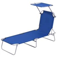 Outsunny Espreguiçadeira de Jardim Dobrável com Toldo e Encosto Reclinável para Jardim Terraço Campismo 187x58x36cm Azul(m-1)