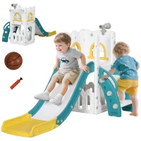 AIYAPLAY Kinderrutsche, 5 in 1, Kleinkinderrutsche mit Basketballkorb, Teleskop Klettergerüst Gelb 70 x 177 x 92 cm(m-12)
