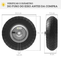 Outsunny Conjunto de 4 Rodas para Carrinho Pneus de Borracha Ø255 x 75 mm Eixo de 16 mm Carga 80 kg Preto(m-3)
