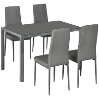 HOMCOM Conjunto de Sala de Jantar 5 Peças com Mesa Retangular de Vidro Temperado e 4 Cadeiras em PU Cinzento(m-1)