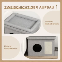 PawHut Katzenhaus, Futterplatz mit 2 Edelstahlnäpfen, Kratzmatte, weiches Liegekissen, 78 x 48 x 49,5 cm, grau(m-6)