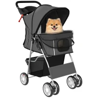 PawHut Hundewagen Faltbar Hundebuggy mit Reflektorstreif Aufbewahrungskorb Kissen für kleine Hunde bis 10 kg 77x44x102 cm Dunkelgrau(m-12)