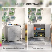 Outsunny Armário de Exterior em Madeira com Tampo de Aço Galvanizado Prateleira 2 Portas  para Armazenamento de Ferramentas 79x43x92 cm Cinza(m-4)