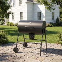Outsunny Barbecue au charbon de bois BBQ avec couvercle, grille et thermomètre, avec roues, poignée, 95 x 71,5 x 102 cm, noir(m-2)