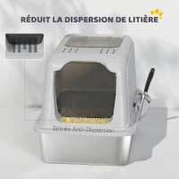 PawHut Maison de Toilette pour Chat Bac à Litière Fermé Bac Acier Inoxydable, Nettoyage Facile, 60,4x40,4x41,8cm, Gris Clair(m-6)