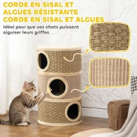 PawHut Tonneau à Gratter pour Chat Arbre à Chat Sisal Naturel et Herbiers Marins Recouvert de Peluche 45 x 45 x 79cm Kaki Café(m-6)