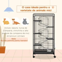 PawHut Cușcă pentru Animale Mici cu Roți, 5 Rampe și 5 Platforme, Bol și Sticlă, 61.5x44x131 cm, Negru(m-4)