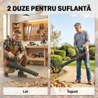 Outsunny Suflător cu Baterie 18V, Suflător de Frunze cu 2 Baterii 4Ah, Motor Brushless 600W, 3 Trepte Viteză 149 km/h, Turbo Boost, 2 Țevi, Încărcător, pentru Grădină Frunze Zăpadă Praful(m-7)
