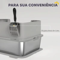 PawHut Caixa de Areia para Gatos XL em Aço Inoxidável com Borda Alta, Pá, Fácil de Limpar, Anti-Derrame, 60x40x29,5 cm, Cinzento(m-8)
