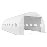 Outsunny Serre de jardin tunnel 24m² 8L x 3l x 2H m - 16 fenêtres, Porte zippée enroulable acier galvanisé, bâche PE, Blanc(m-1)
